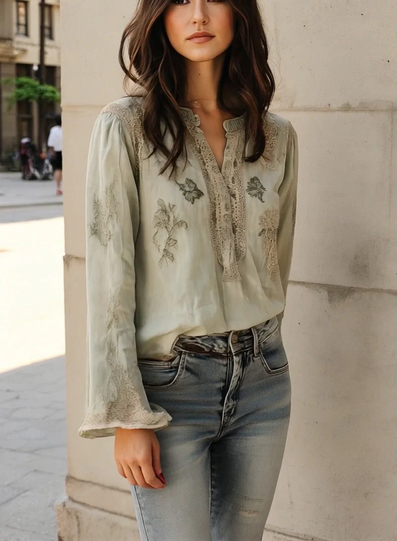 Vintage Green Cotton and Linen Embroidered Henley Collar Shirt - Image 7