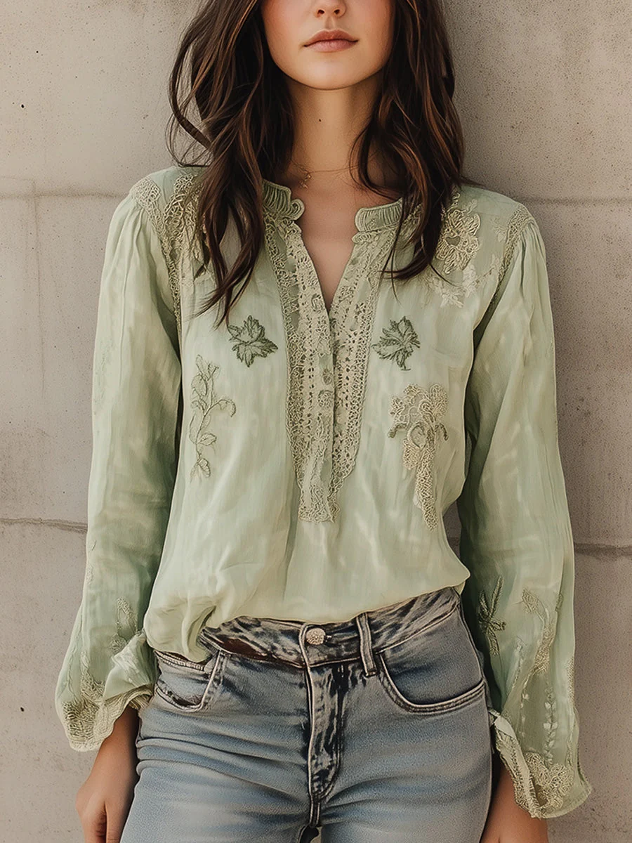 Vintage Green Cotton and Linen Embroidered Henley Collar Shirt - Image 8
