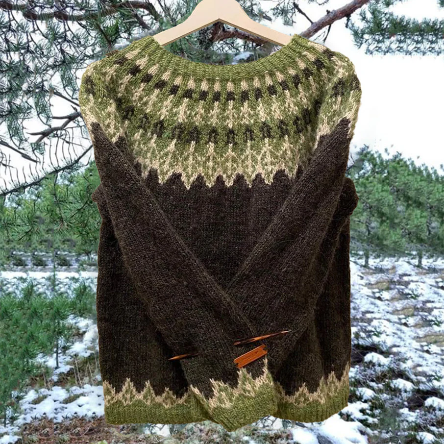 Vintage Green Icelandic Knit Jacquard Warmth Crew Neck Sweater Unisex - Image 2