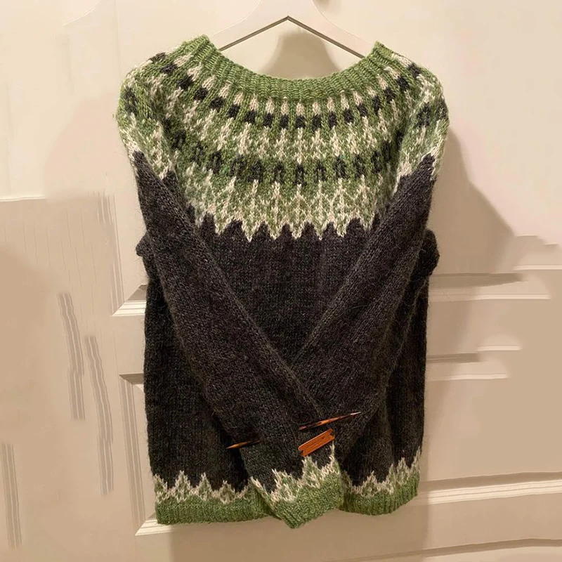 Vintage Green Icelandic Knit Jacquard Warmth Crew Neck Sweater Unisex - Image 3