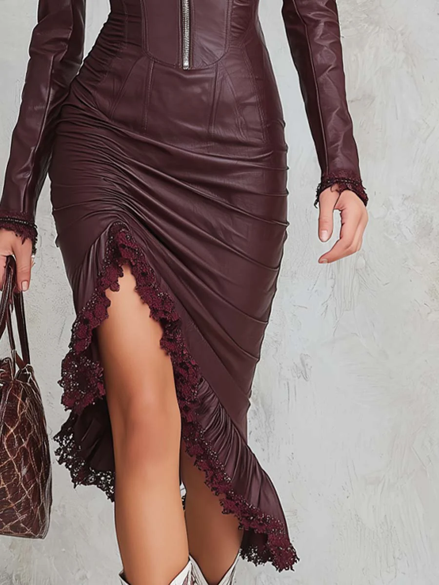 Vintage Half-zip Lace Hem Faux Leather Midi Dress - Image 3