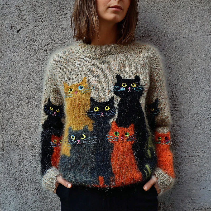 Vintage Halloween Cats Fuzzy Cozy Knit Sweater - Image 2