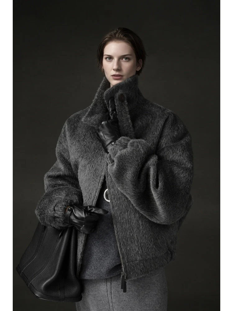 Vintage Harrington Jacket for Women – Luxury Suri Alpaca Wool Coat with Soft Textured Finish - Image 3