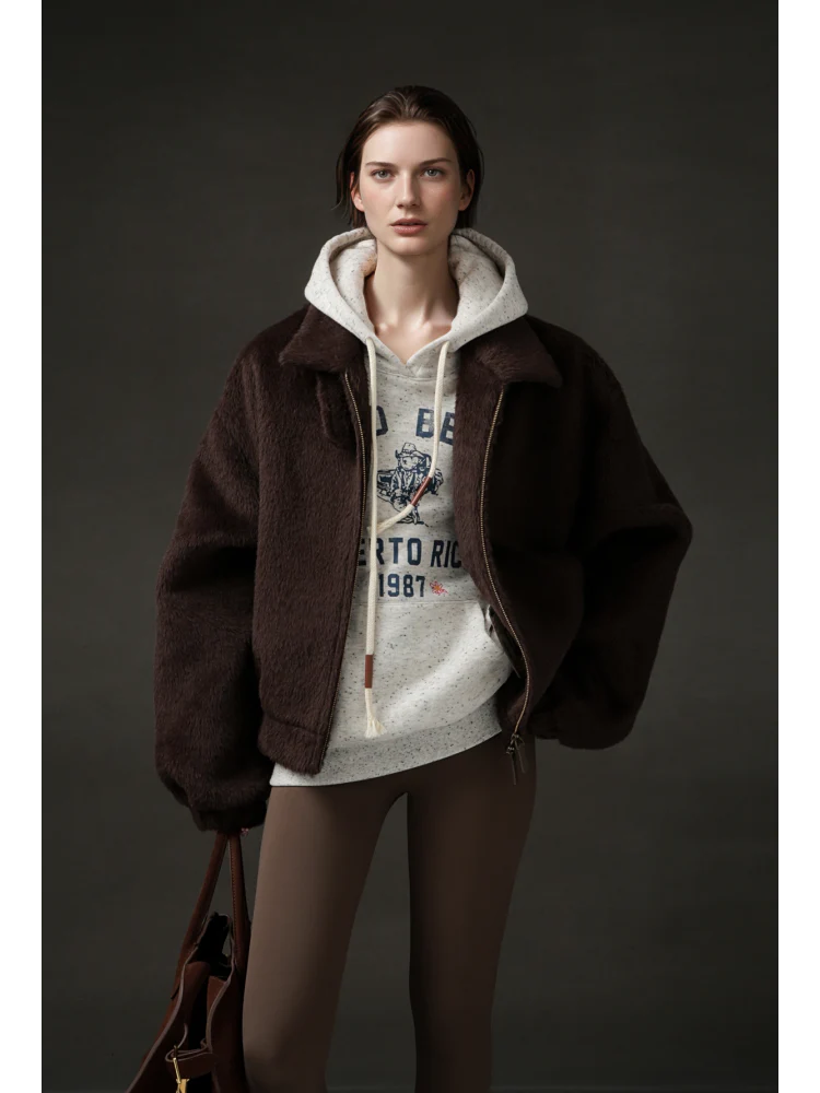 Vintage Harrington Jacket for Women – Luxury Suri Alpaca Wool Coat with Soft Textured Finish - Image 4