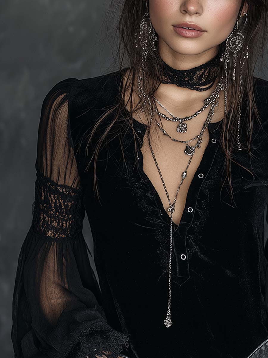 Vintage Henley Collar Sheer Sleeves Lace Trim Polyester Velvet Blouse - Image 2
