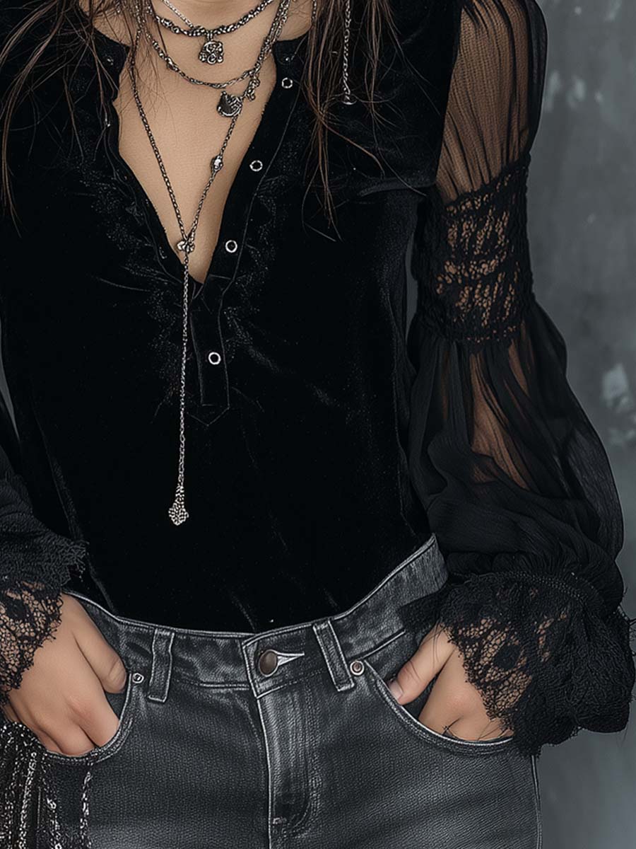 Vintage Henley Collar Sheer Sleeves Lace Trim Polyester Velvet Blouse - Image 3