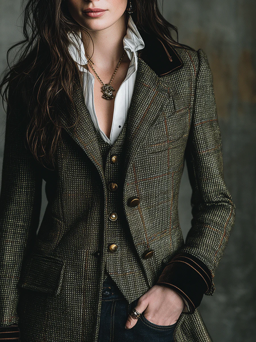Vintage Heritage Plaid Tailored In Olive Brown Jacket - Image 2