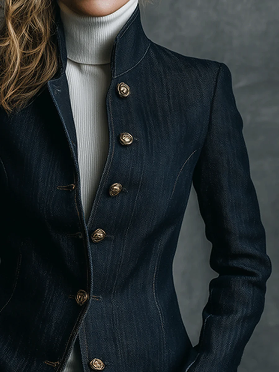 Vintage High Collar Classic Curve Cut Denim Brass Button Jacket - Image 2