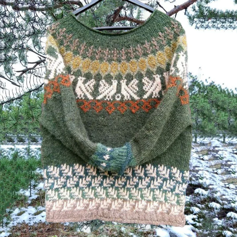 Vintage Icelandic Cute Bird Knit Jacquard Warmth Crew Neck Sweater(Unisex) - Image 2
