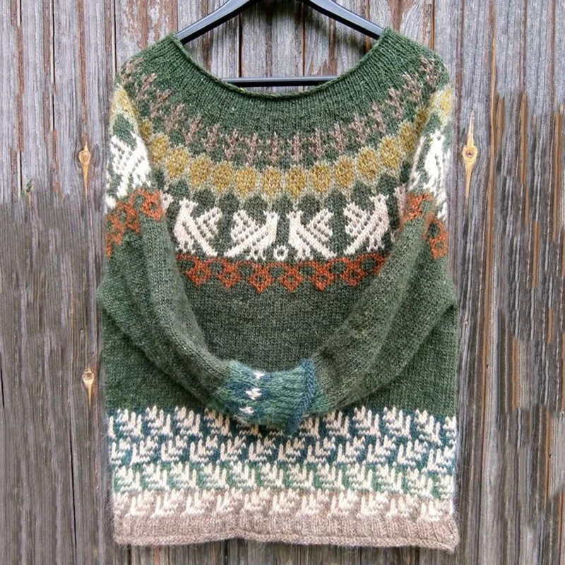 Vintage Icelandic Cute Bird Knit Jacquard Warmth Crew Neck Sweater(Unisex) - Image 3