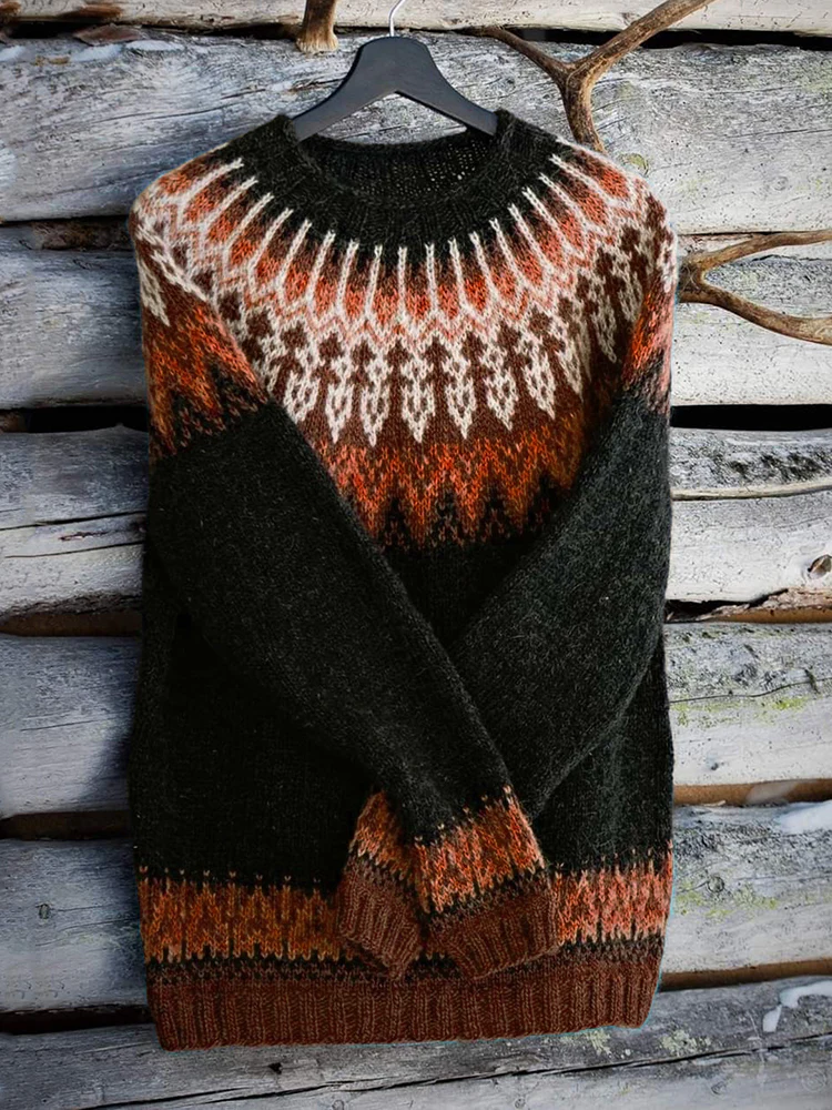 Vintage Icelandic Knit Jacquard Warmth Crew Neck Sweater(Unisex) - Image 5