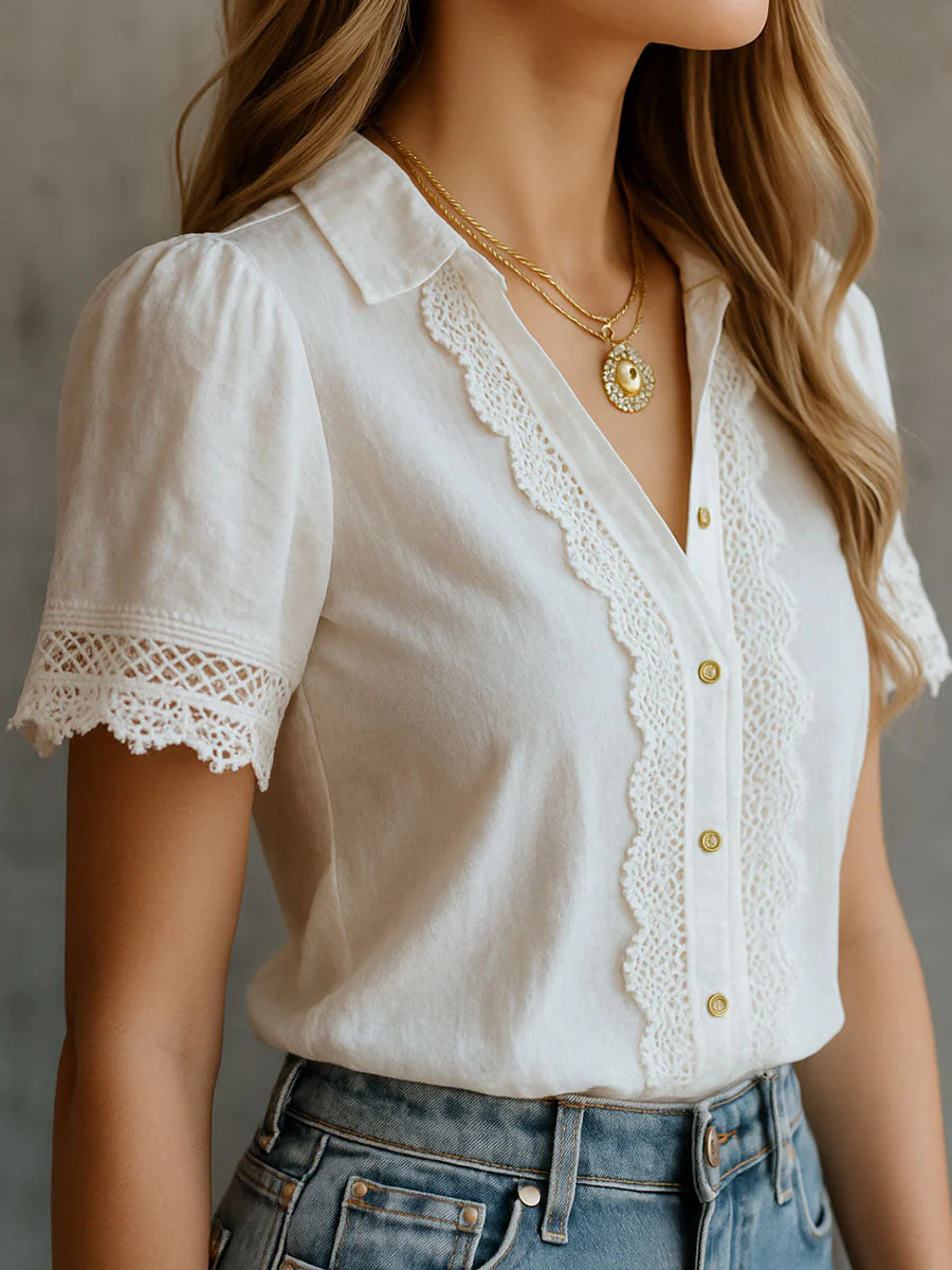 Vintage-Inspired Lace Trim White Blouse - Image 2