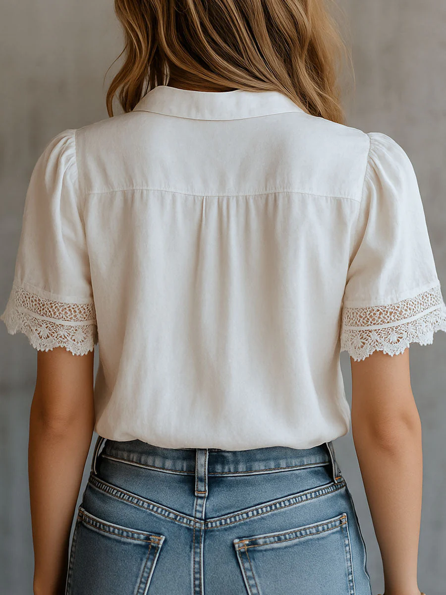Vintage-Inspired Lace Trim White Blouse - Image 4