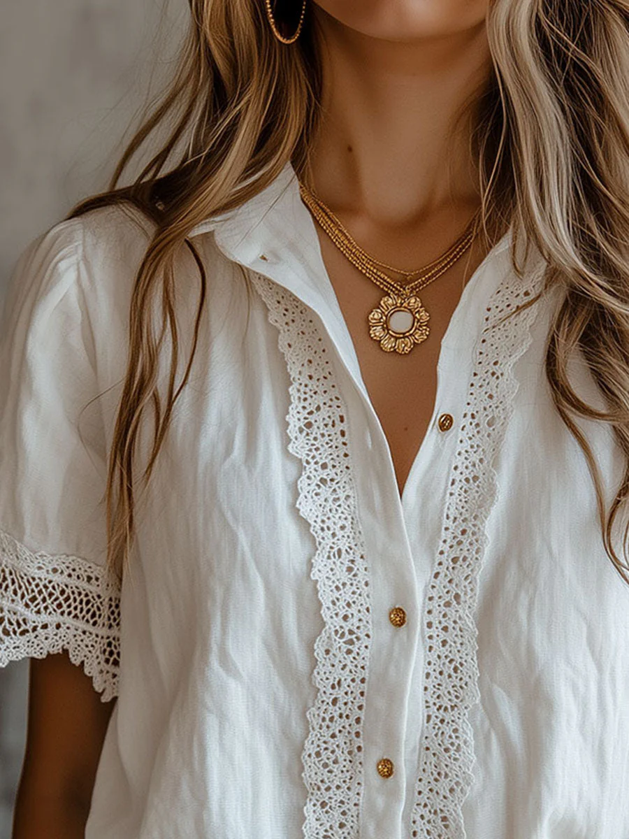 Vintage-Inspired Lace Trim White Blouse - Image 5