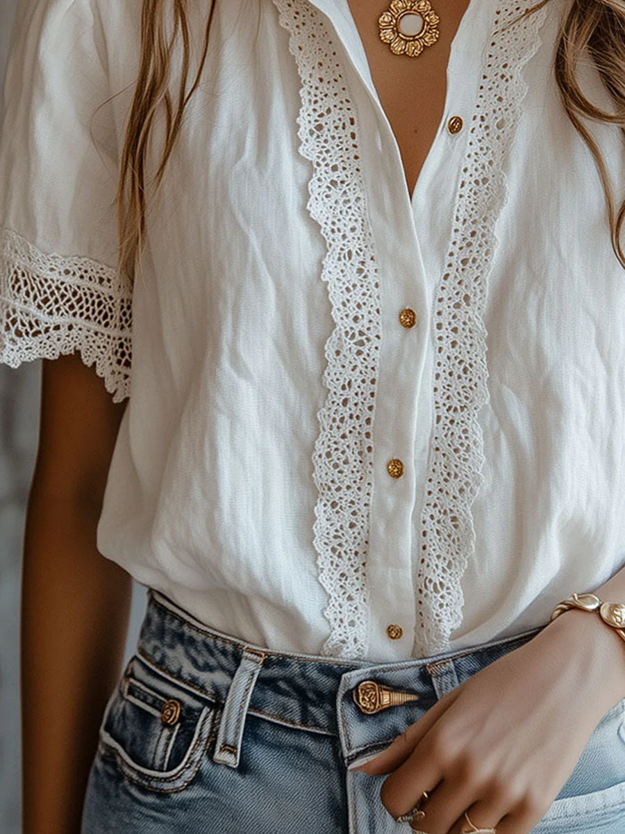 Vintage-Inspired Lace Trim White Blouse - Image 6