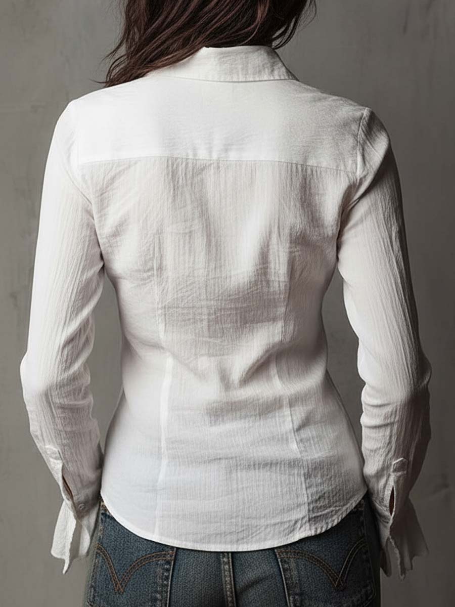 Vintage-Inspired White Button-Up Ruffle Cuff Shirt - Image 6