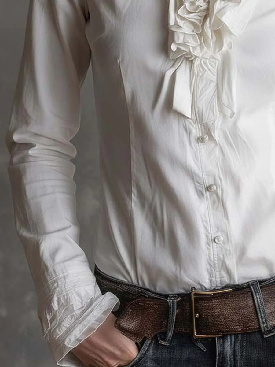 Vintage-Inspired White Ruffle Trim Blouse - Image 3