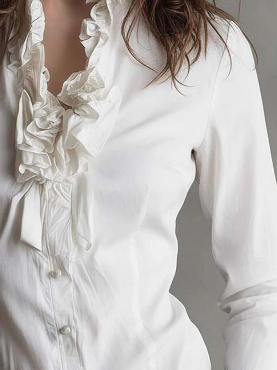 Vintage-Inspired White Ruffle Trim Blouse - Image 5