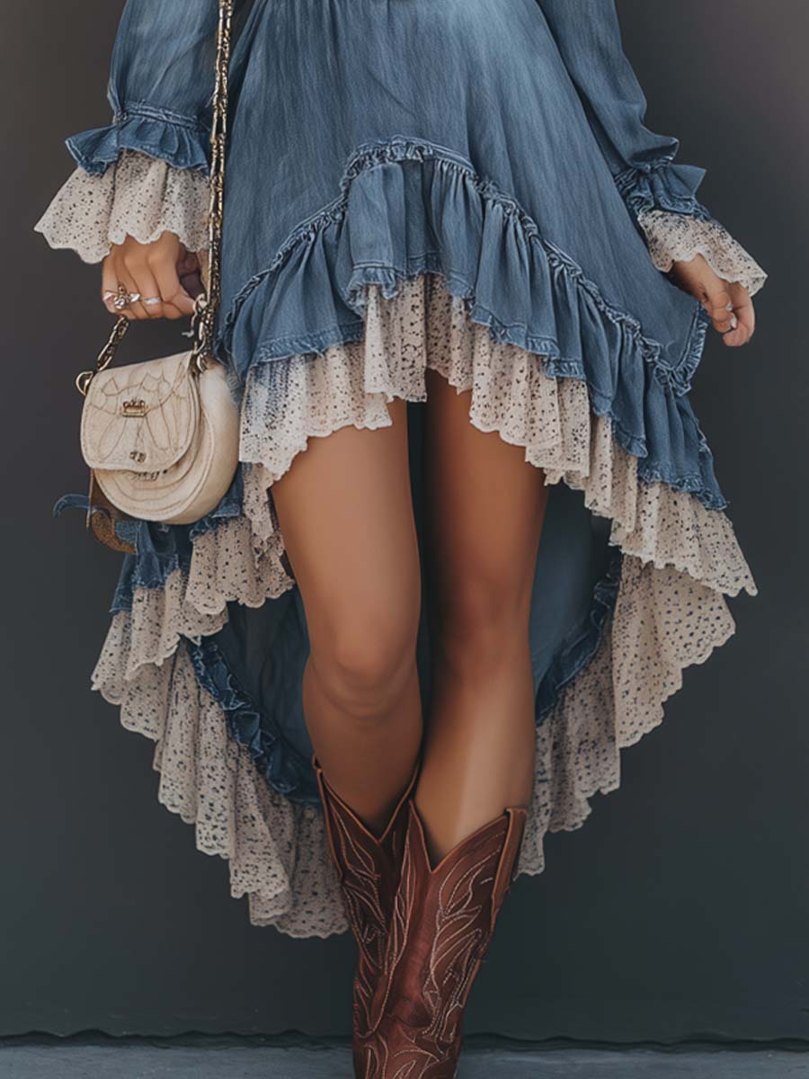 Vintage Irregular Hem Lace Trim Denim Midi Dress - Image 2