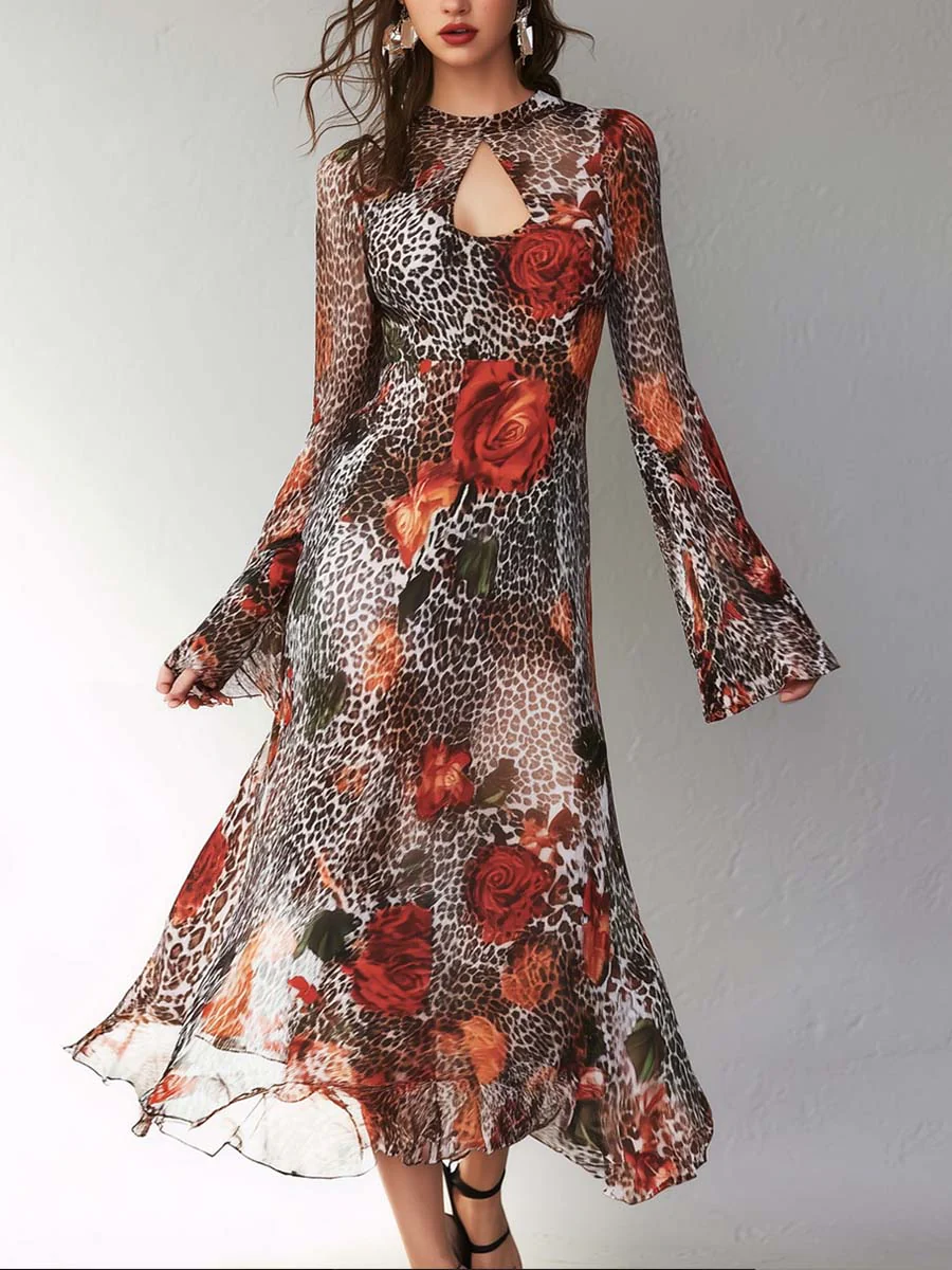 Vintage Keyhole Neck Floral And Leopard Print Chiffon Midi Dress