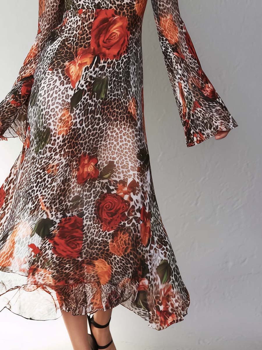 Vintage Keyhole Neck Floral And Leopard Print Chiffon Midi Dress - Image 2