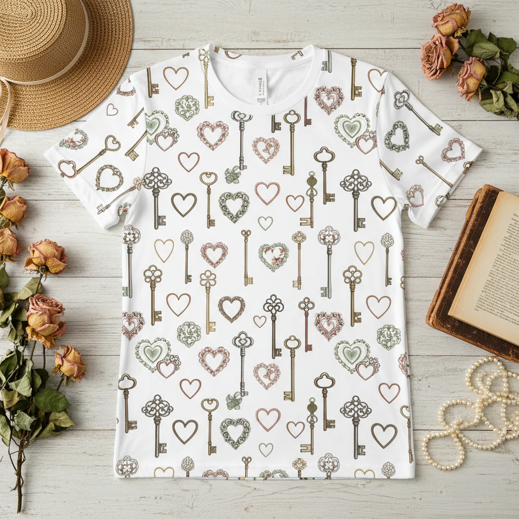 Vintage Keys & Hearts Print T-Shirt - Romantic Retro Tee