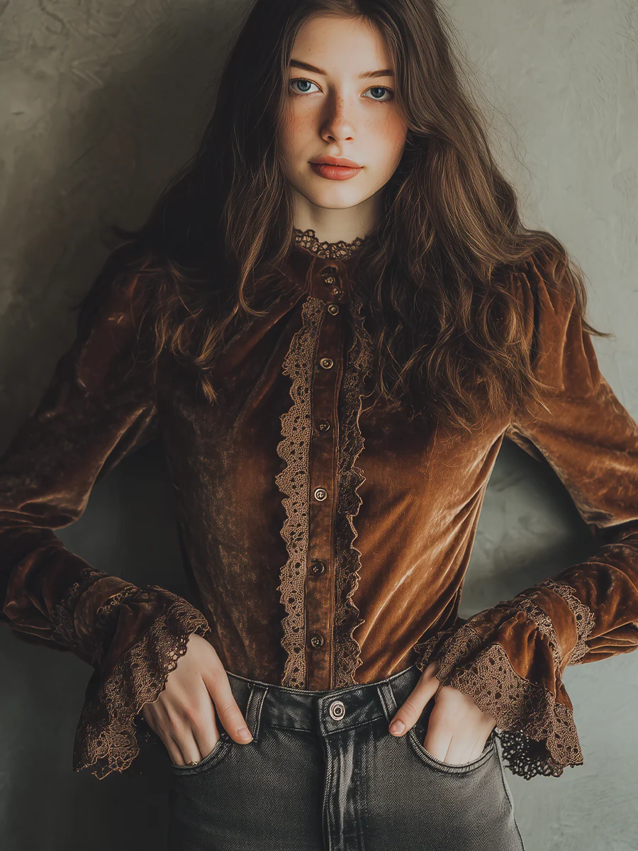 Vintage Lace Cuffs Poly Velvet Blouse - Image 2