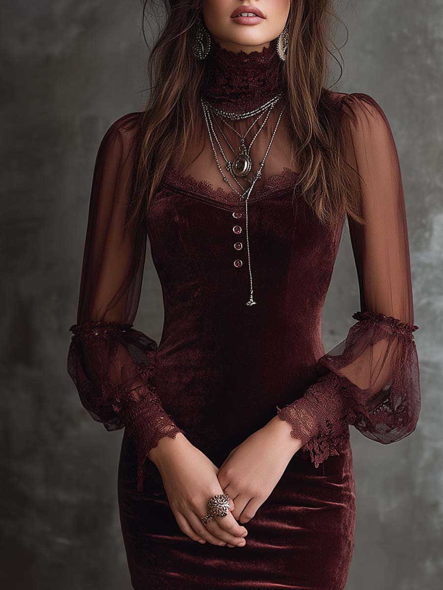 Vintage Lace Cuffs Sheer Sleeves Polyester Velvet Mini Dress - Image 2