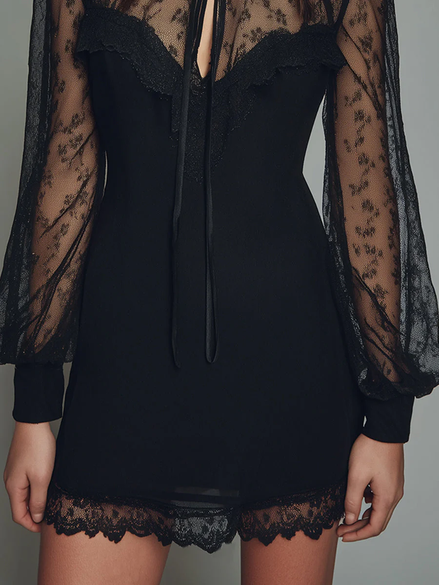 Vintage Lace Keyhole Neckline Fitted Mini Dress - Image 3