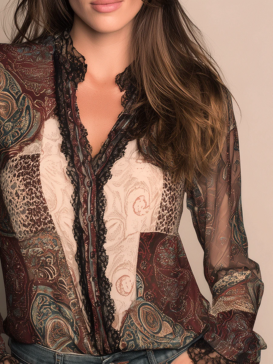 Vintage Lace Paisley Print Shirt - Image 2