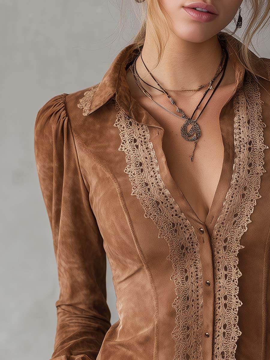 Vintage Lace Placket Polyester Suede Blouse - Image 2