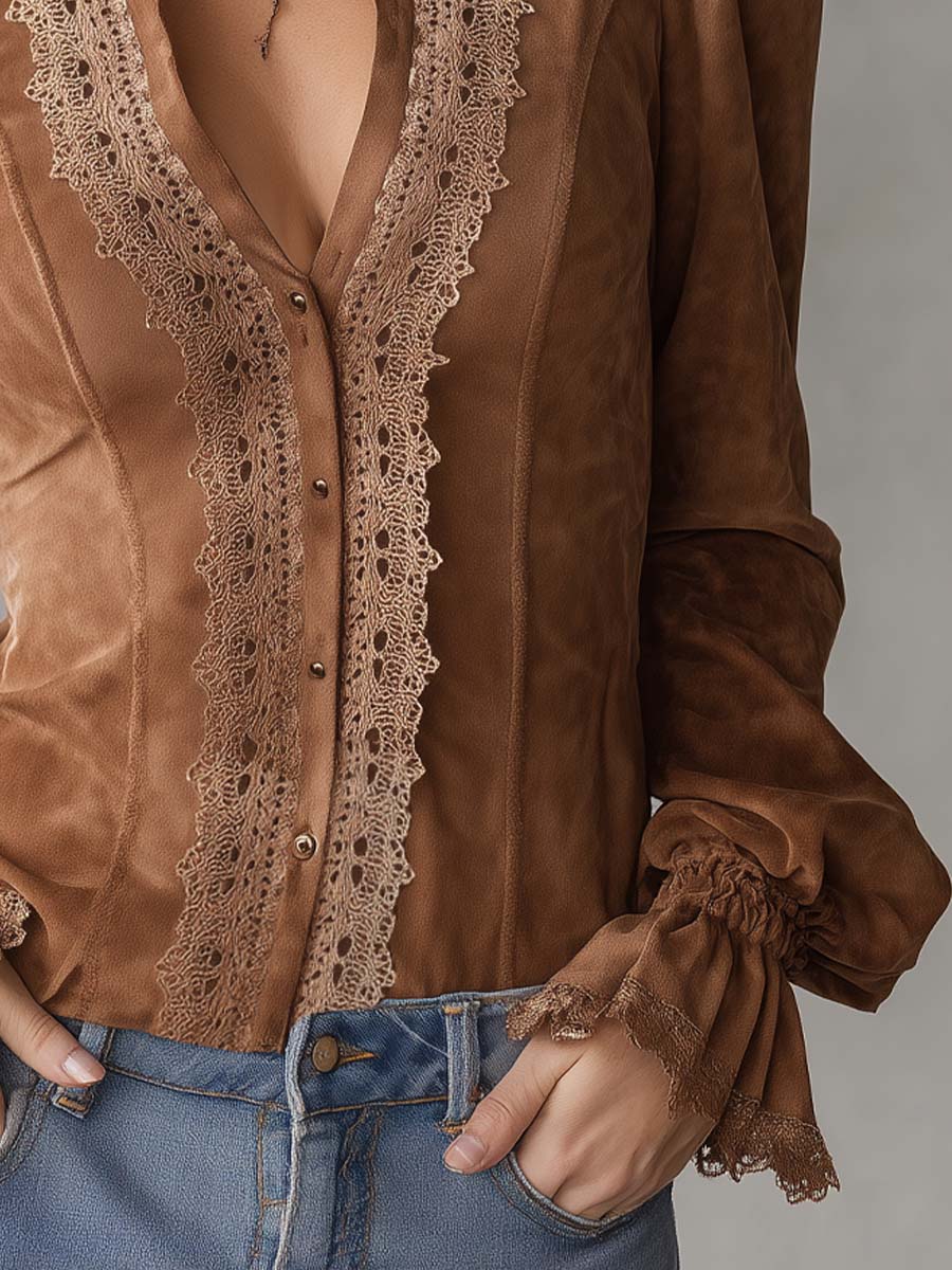 Vintage Lace Placket Polyester Suede Blouse - Image 3