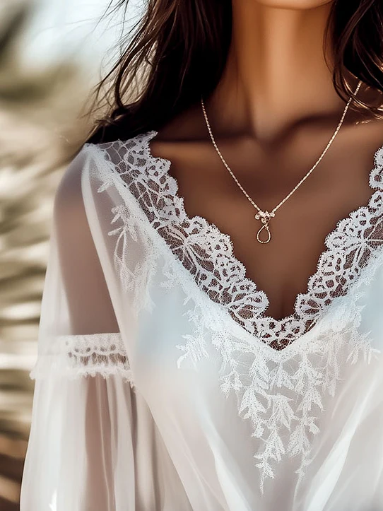 Romantic Soft White Sheer Lace Trimmed Blouse - Image 3