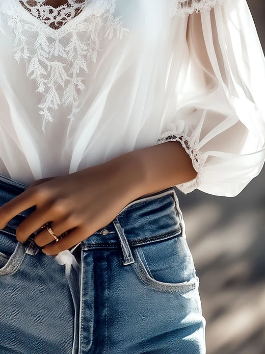 Romantic Soft White Sheer Lace Trimmed Blouse - Image 4