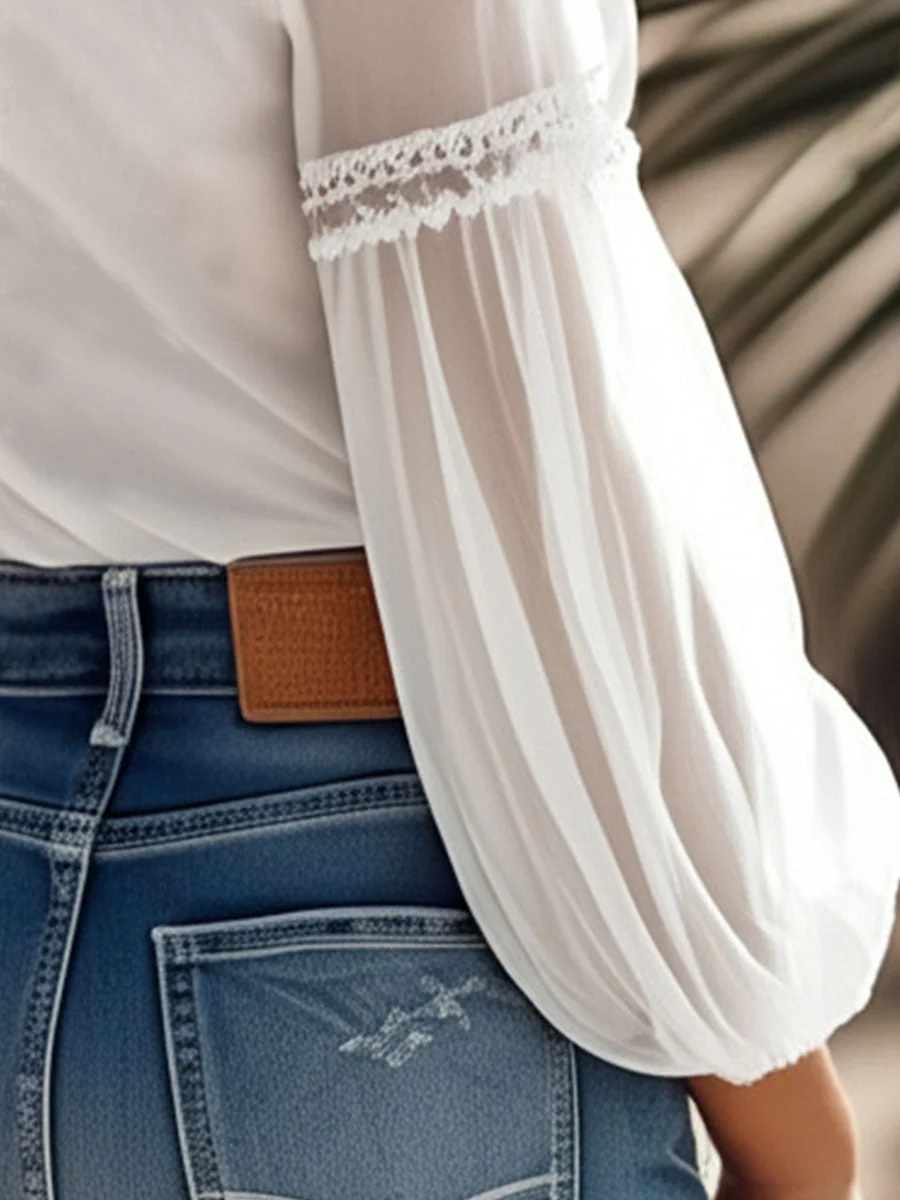 Romantic Soft White Sheer Lace Trimmed Blouse - Image 6