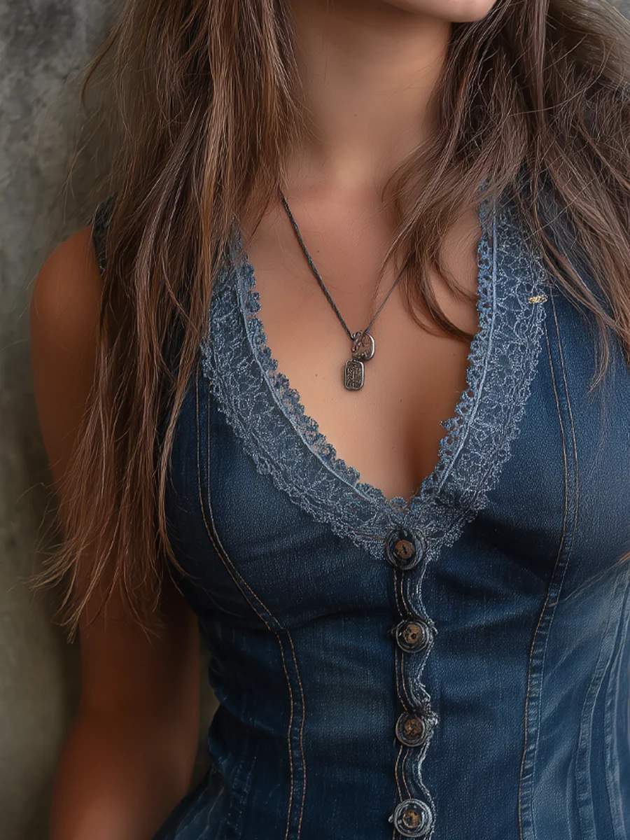 Vintage Lace Trim Denim Vest - Image 3