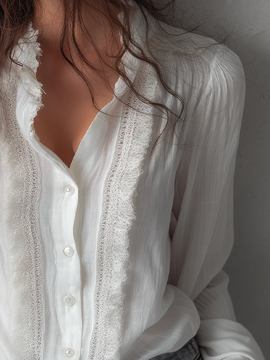 Vintage Lace Trim Long Sleeve Cotton Blouse - Image 2