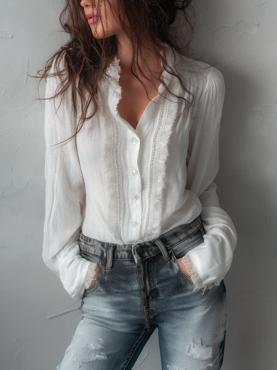 Vintage Lace Trim Long Sleeve Cotton Blouse - Image 3