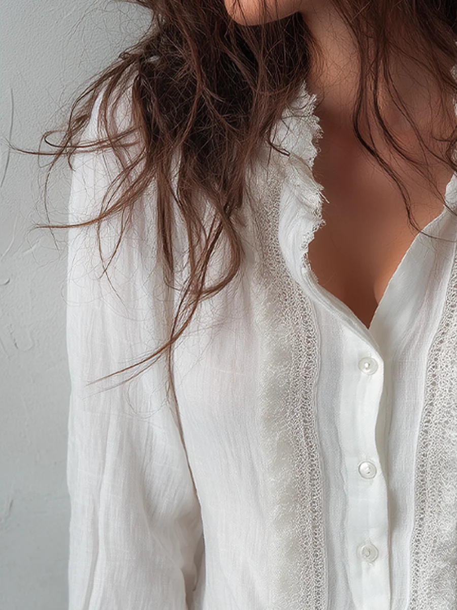 Vintage Lace Trim Long Sleeve Cotton Blouse - Image 4