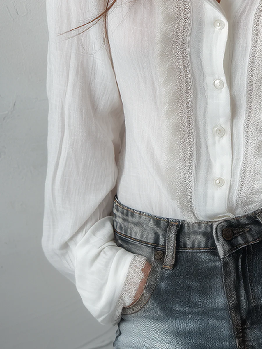 Vintage Lace Trim Long Sleeve Cotton Blouse - Image 5