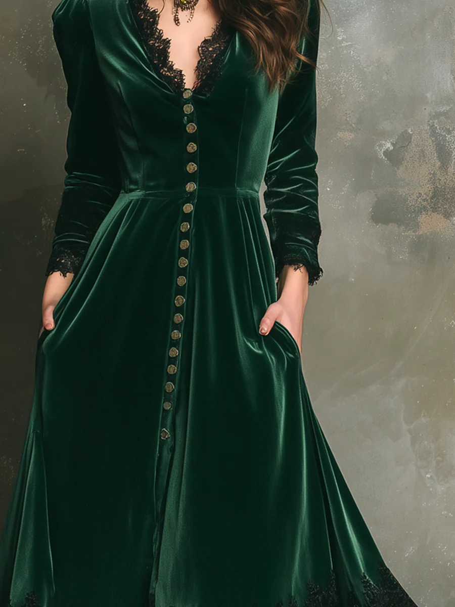 Vintage Lace Trim Long Sleeve Velvet Midi Dress - Image 3