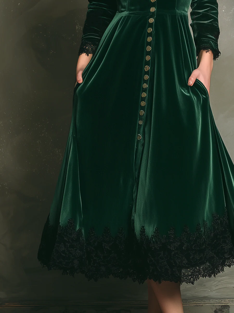 Vintage Lace Trim Long Sleeve Velvet Midi Dress - Image 4