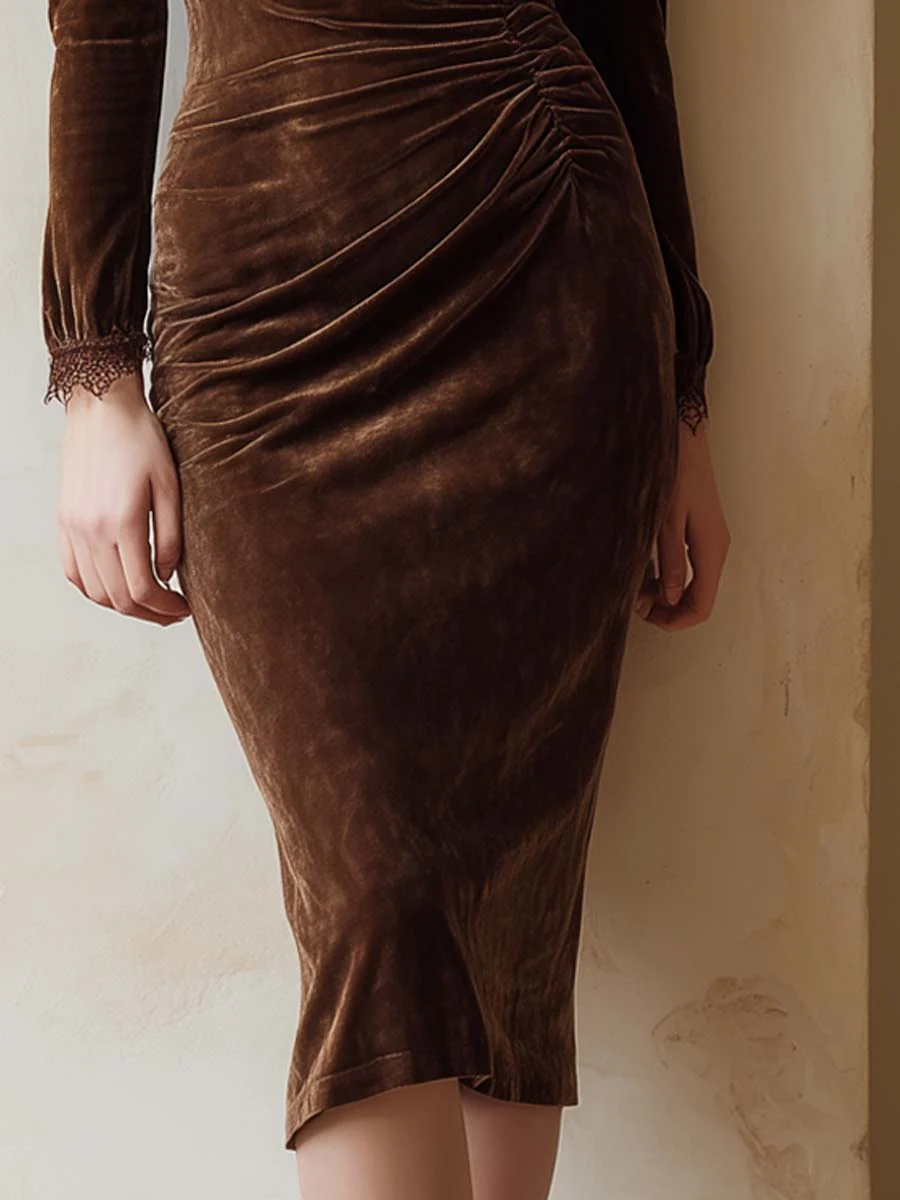 Vintage Lace Trim Pleated Waist Polyester Velvet Midi Dress - Image 3