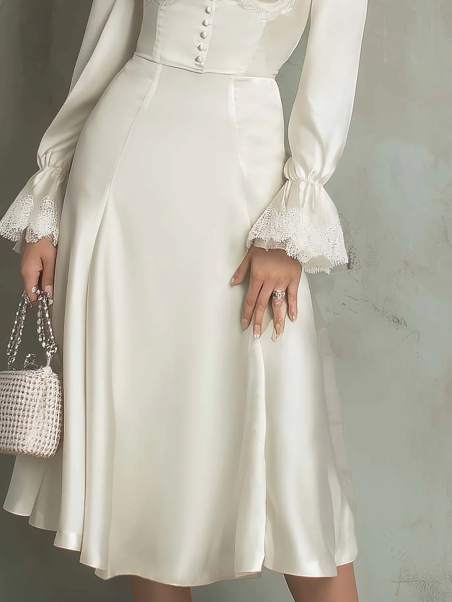Vintage Lace Trim Polyester Satin Midi Dress - Image 3