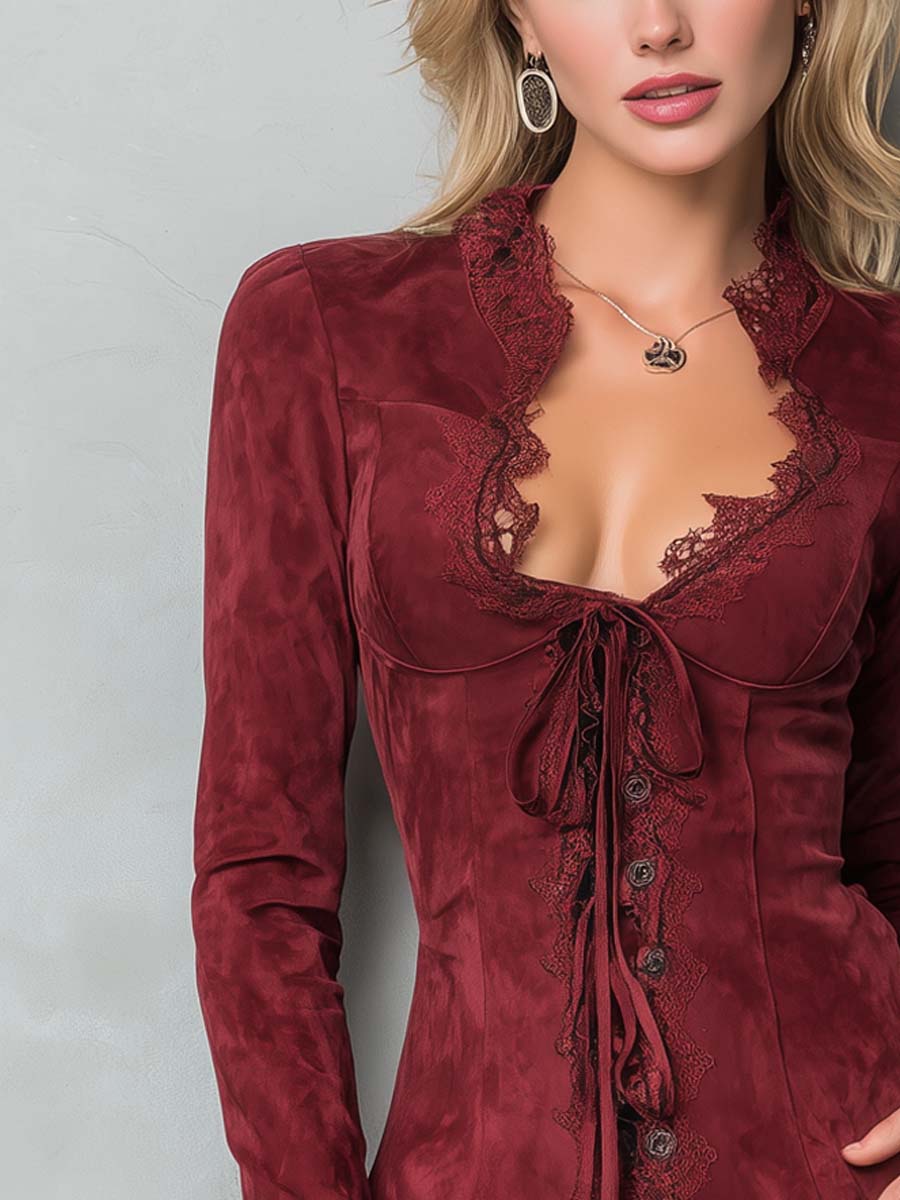 Vintage Lace Trim Polyester Suede Embroidered Blouse - Image 2