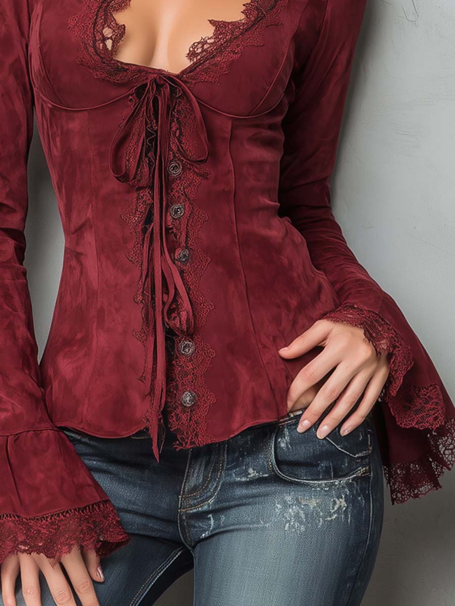 Vintage Lace Trim Polyester Suede Embroidered Blouse - Image 3