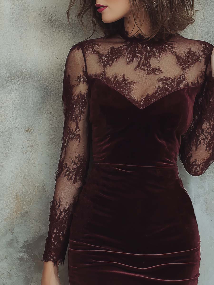 Vintage Lace Trim Polyester Velvet Mini Dress - Image 2