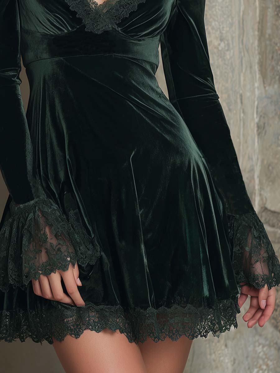Vintage Lace Trim Polyester Velvet Mini Dress - Image 3