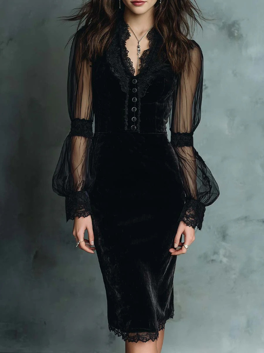 Vintage Lace Trim Sheer Sleeves Polyester Velvet Midi Dress