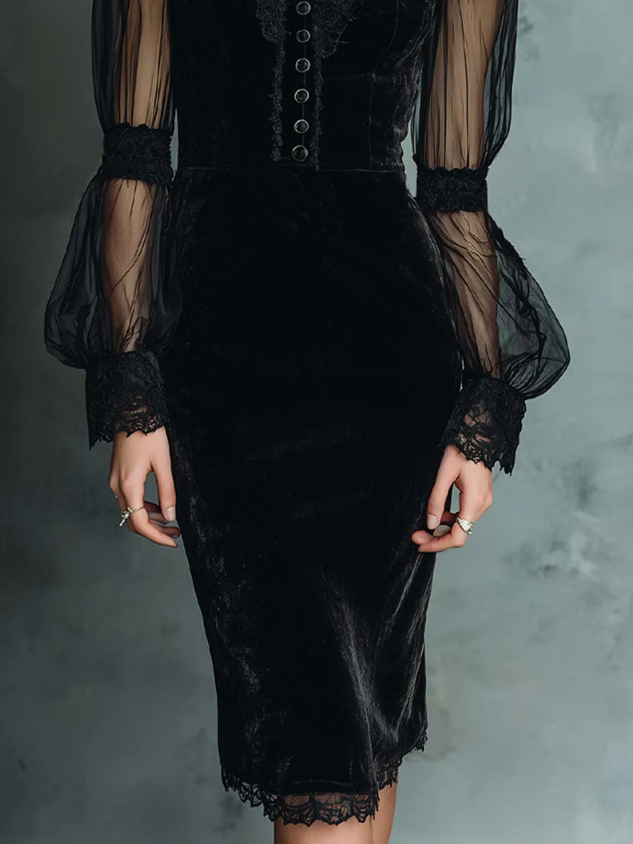Vintage Lace Trim Sheer Sleeves Polyester Velvet Midi Dress - Image 3